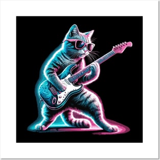 Electric Guitar Cat Rock Music Retro Funny Cat Posters and Art